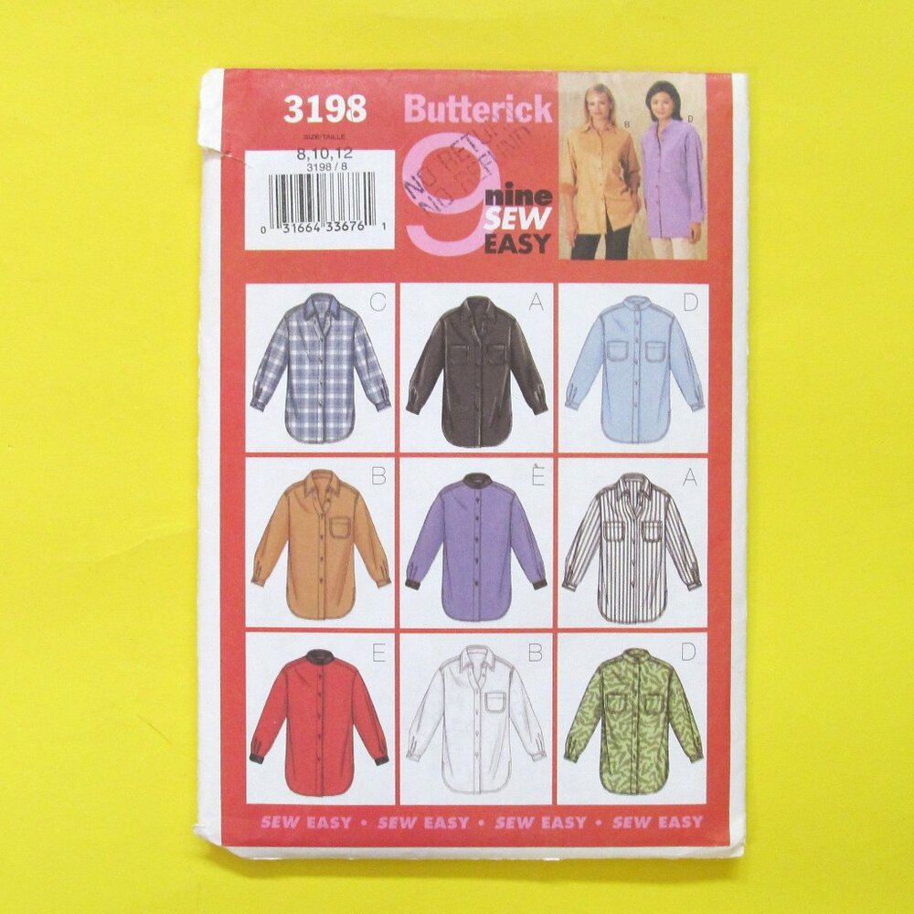2/$20 Butterick sewing pattern woman's long sleeve shirt #3198 Size 8-12 Uncut